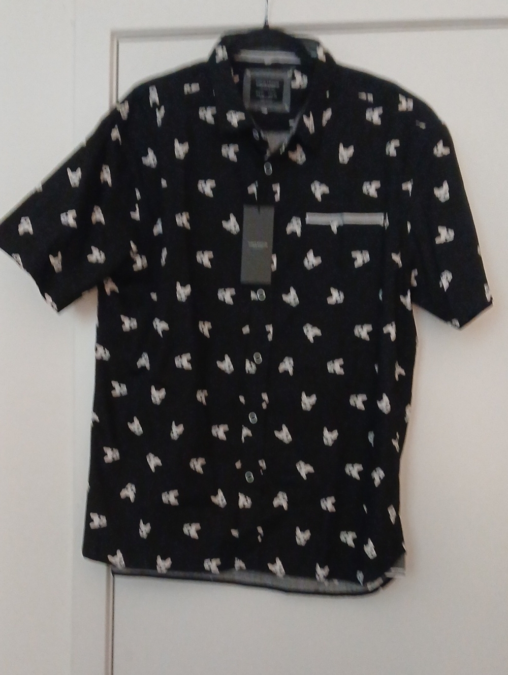 Mens Short-Sleeve Black Button-Down Shirt with White Print